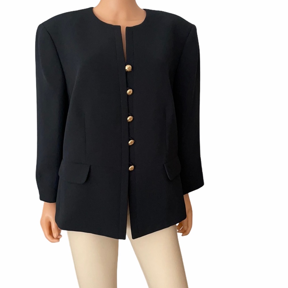 Tahari Black Collarless Blazer Gold Basketweave Buttons Size 20W